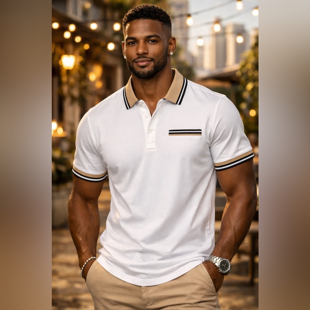 Albertini Luxury Polo Shirt Small White Tan Designer Collar Stretch Cotton S